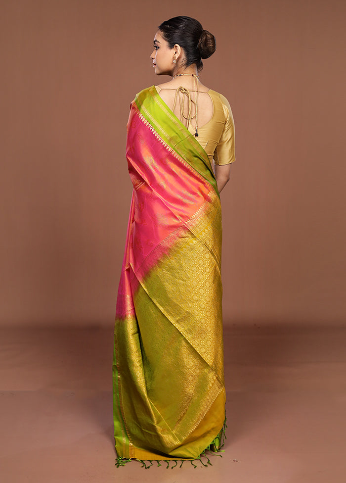 Orange Handloom Kanchipuram Pure Silk Saree With Blouse Piece