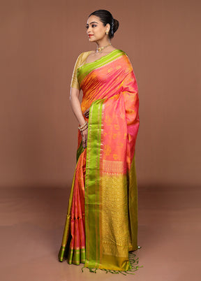 Orange Handloom Kanchipuram Pure Silk Saree With Blouse Piece