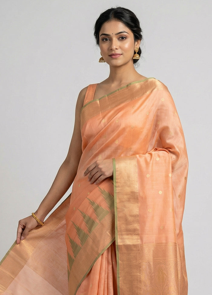 Peach Handloom Kanchipuram Pure Silk Saree With Blouse Piece