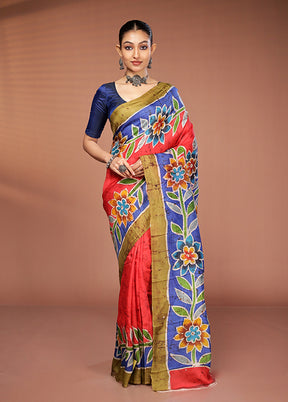 Red Printed Silk Saree Without Blouse Piece