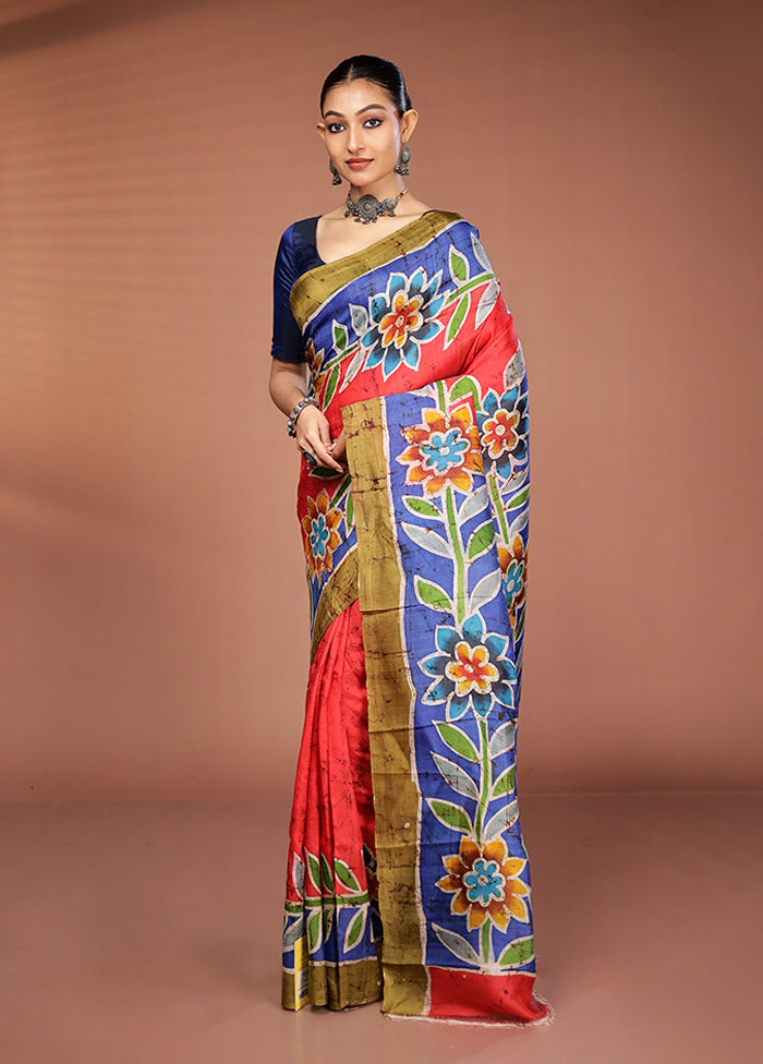 Red Printed Silk Saree Without Blouse Piece