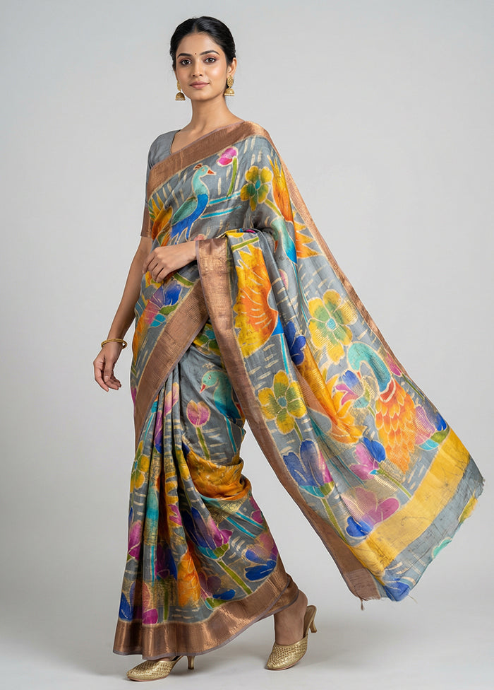 Multicolor Handloom Tussar Pure Silk Saree With Blouse Piece