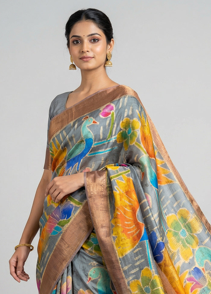 Multicolor Handloom Tussar Pure Silk Saree With Blouse Piece