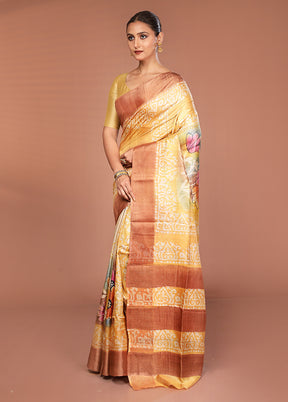 Yellow Handloom Tussar Pure Silk Saree With Blouse Piece