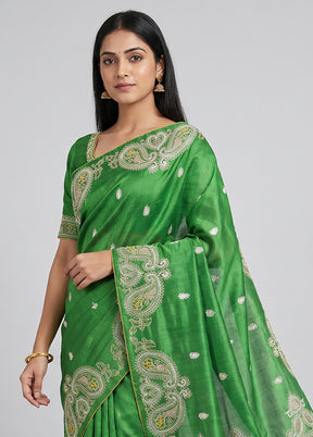 Green Handloom Tussar Pure Silk Saree With Blouse Piece