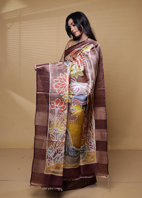 Brown Handloom Tussar Pure Silk Saree With Blouse Piece