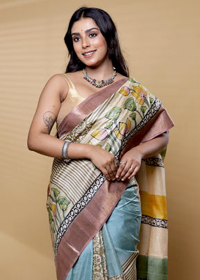 Multicolor Handloom Tussar Pure Silk Saree With Blouse Piece