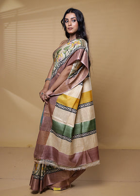 Multicolor Handloom Tussar Pure Silk Saree With Blouse Piece