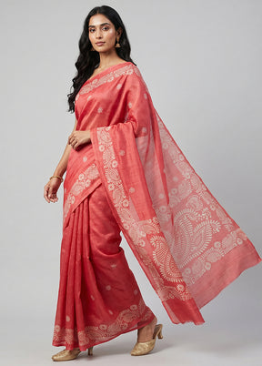 Pink Printed Pure Silk Saree Without Blouse Piece