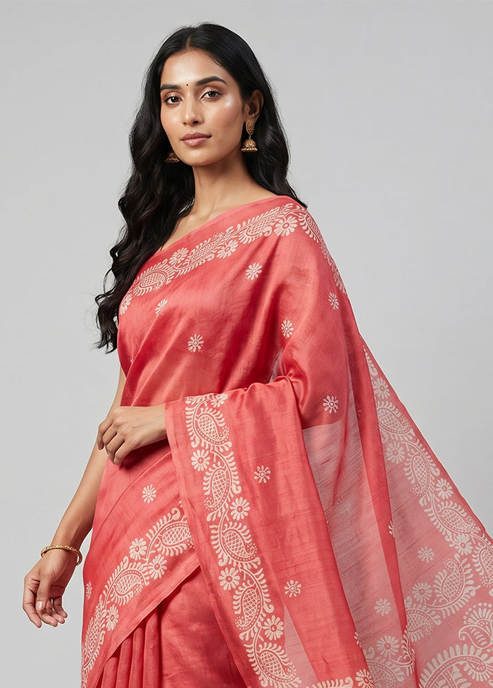 Pink Printed Pure Silk Saree Without Blouse Piece