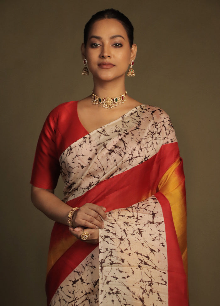Red Printed Silk Saree Without Blouse Piece