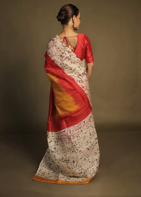 Red Printed Silk Saree Without Blouse Piece