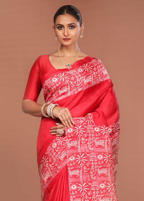 Red Printed Pure Silk Saree Without Blouse Piece