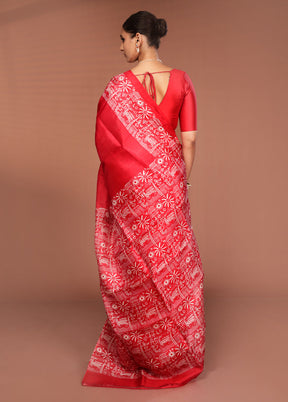 Red Printed Pure Silk Saree Without Blouse Piece