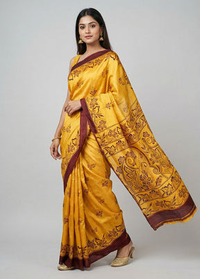 Yellow Printed Silk Saree Without Blouse Piece