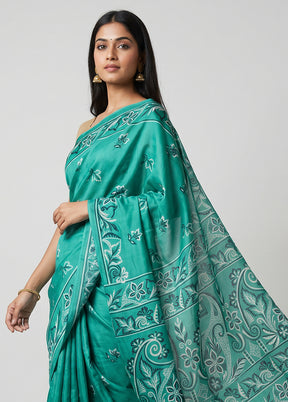 Green Printed Silk Saree Without Blouse Piece