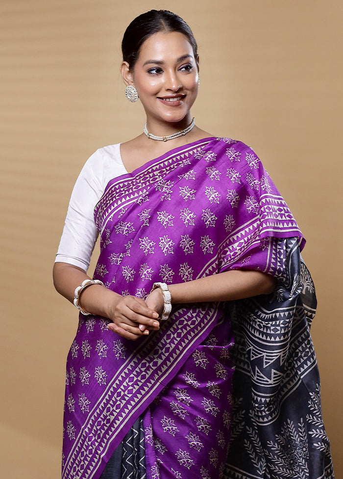 Purple Printed Silk Saree Without Blouse Piece