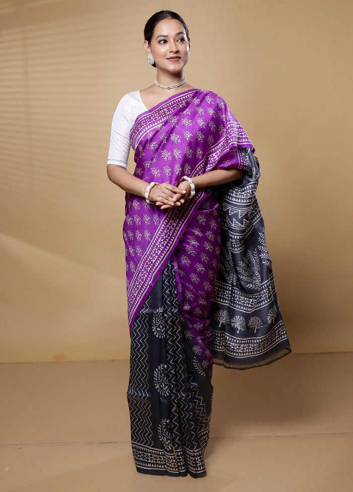 Purple Printed Silk Saree Without Blouse Piece