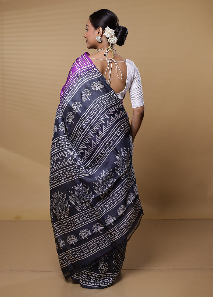Purple Printed Silk Saree Without Blouse Piece