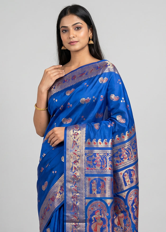Blue Handloom Baluchari Pure Silk Saree With Blouse Piece