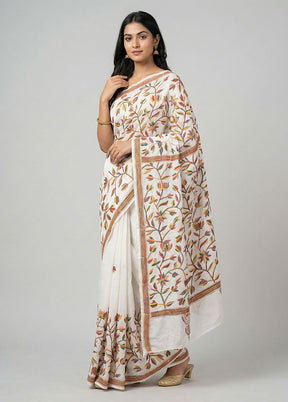 White Kantha Stitch Silk Saree With Blouse Piece