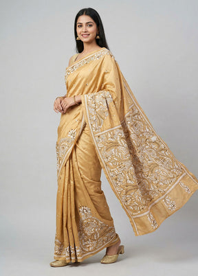 Cream Kantha Stitch Silk Saree With Blouse Piece