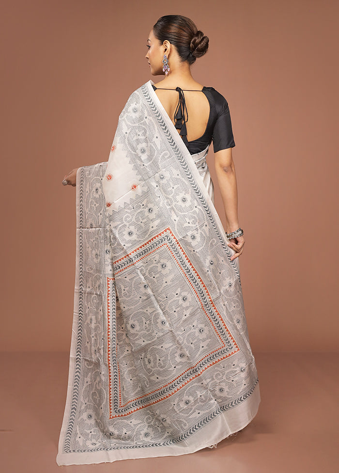 White Handloom Kantha Stitch Pure Silk Saree With Blouse Piece