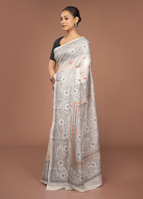 White Handloom Kantha Stitch Pure Silk Saree With Blouse Piece