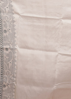 White Handloom Kantha Stitch Pure Silk Saree With Blouse Piece