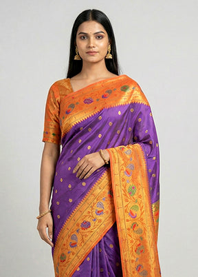 Purple Handloom Kanchipuram Pure Silk Saree With Blouse Piece