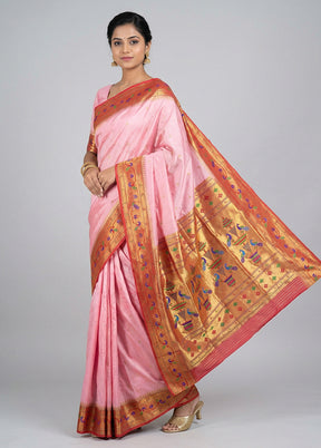 Pink Handloom Kanchipuram Pure Silk Saree With Blouse Piece
