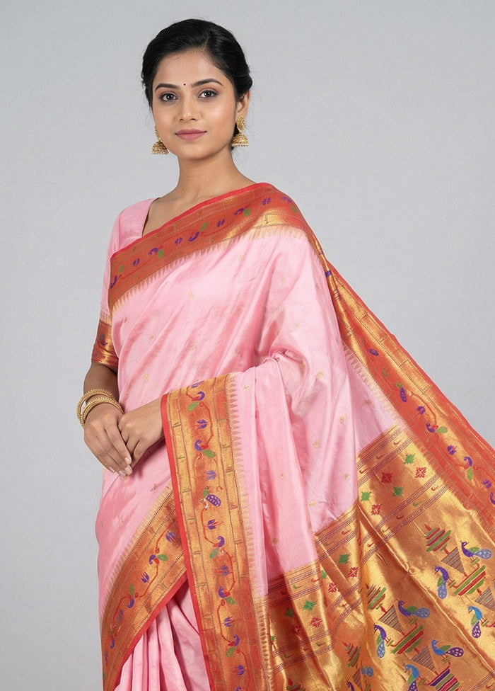 Pink Handloom Kanchipuram Pure Silk Saree With Blouse Piece