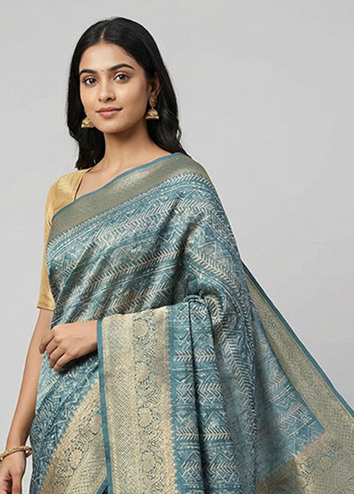 Blue Dupion Silk Saree With Blouse Piece