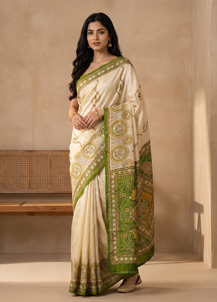 Cream Printed Pure Silk Saree Without Blouse Piece