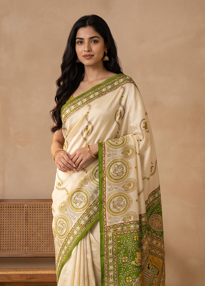 Cream Printed Pure Silk Saree Without Blouse Piece
