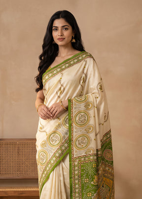 Cream Printed Pure Silk Saree Without Blouse Piece
