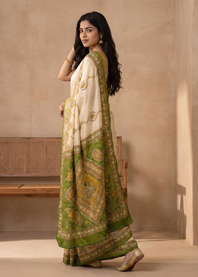 Cream Printed Pure Silk Saree Without Blouse Piece