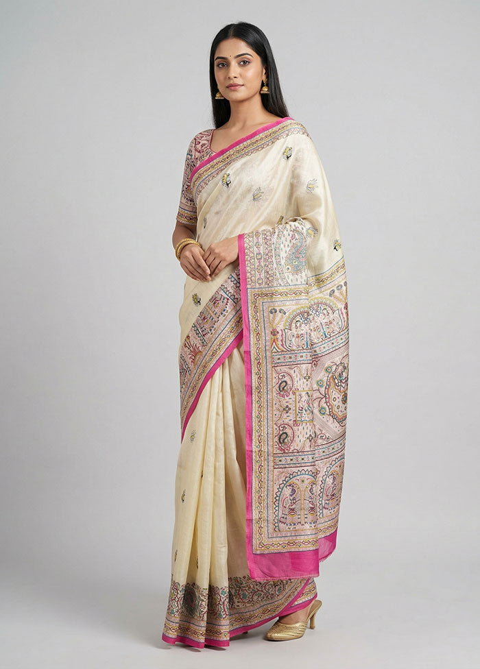 Cream Printed Pure Silk Saree Without Blouse Piece
