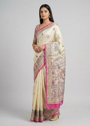 Cream Printed Pure Silk Saree Without Blouse Piece