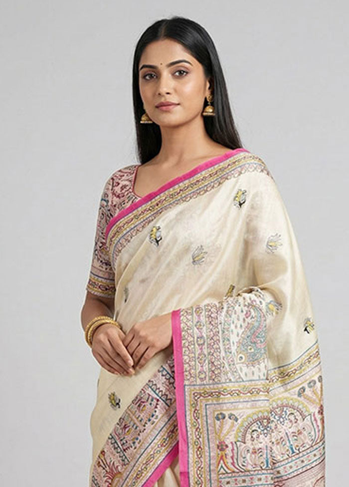 Cream Printed Pure Silk Saree Without Blouse Piece