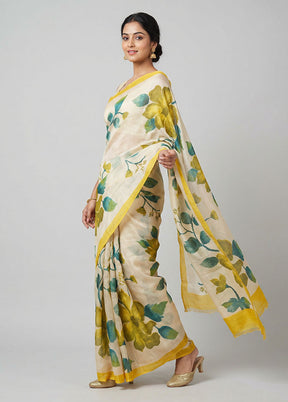 Cream Printed Silk Saree Without Blouse Piece