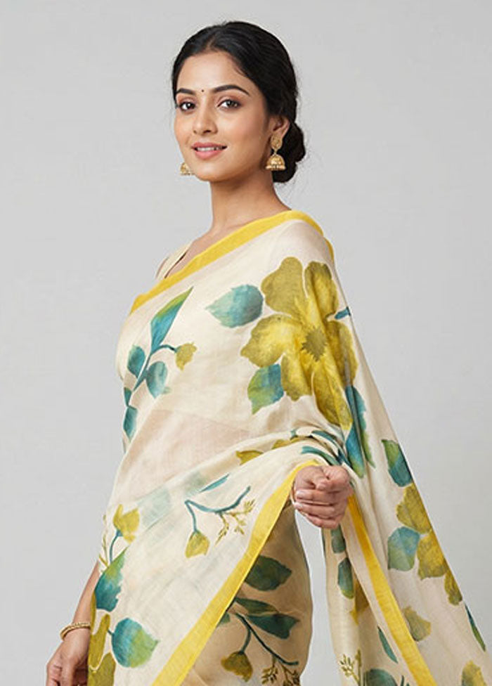Cream Printed Silk Saree Without Blouse Piece