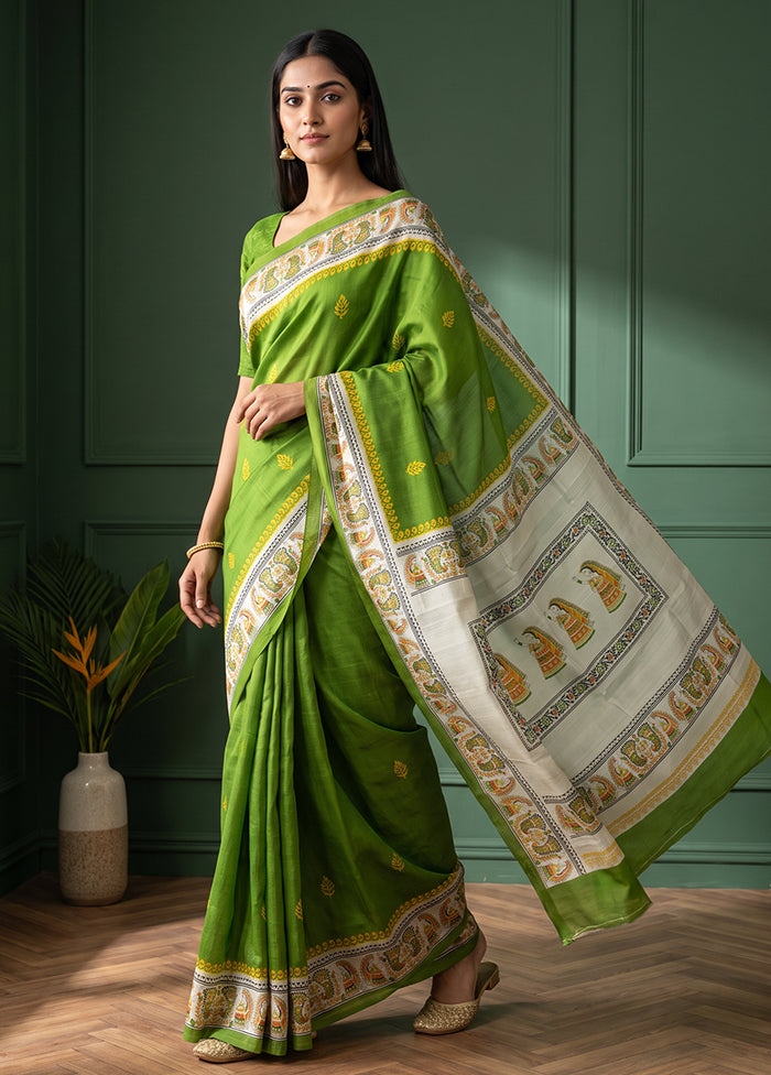 Green Printed Pure Silk Saree Without Blouse Piece