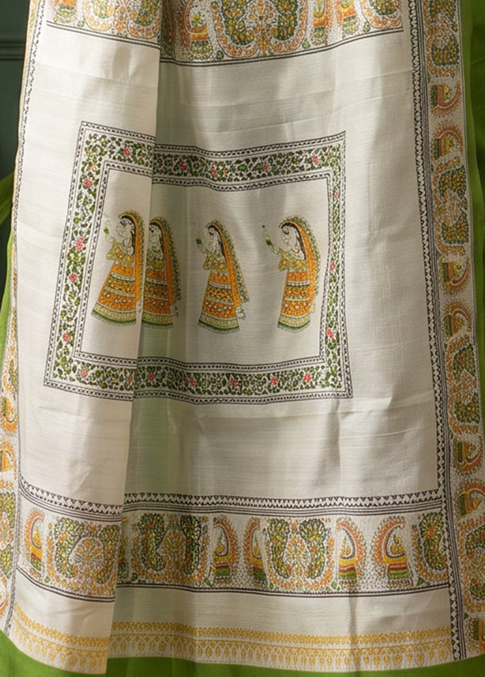 Green Printed Pure Silk Saree Without Blouse Piece