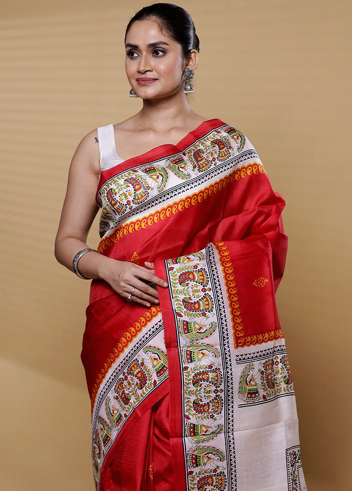 Red Printed Silk Saree With Blouse Piece