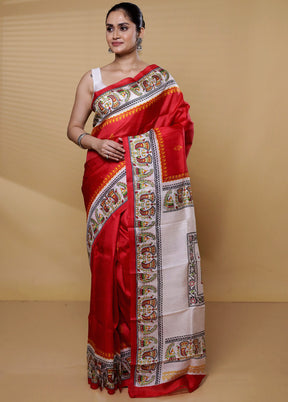 Red Printed Silk Saree With Blouse Piece
