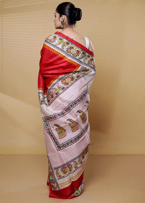 Red Printed Silk Saree With Blouse Piece