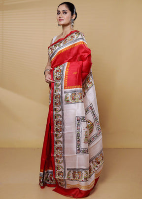 Red Printed Silk Saree With Blouse Piece