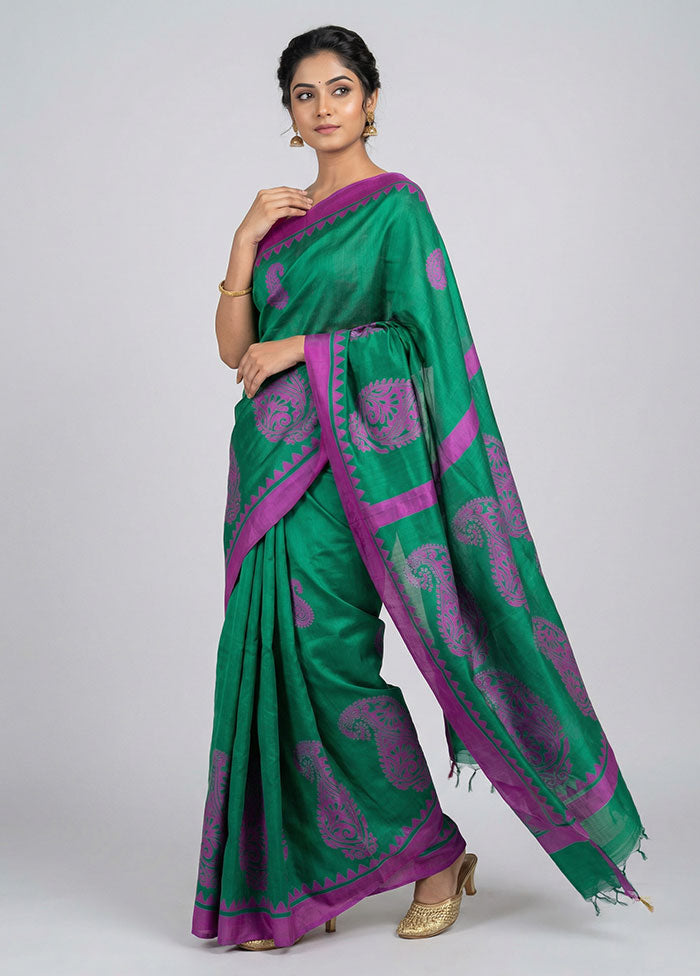Green Printed Pure Silk Saree Without Blouse Piece