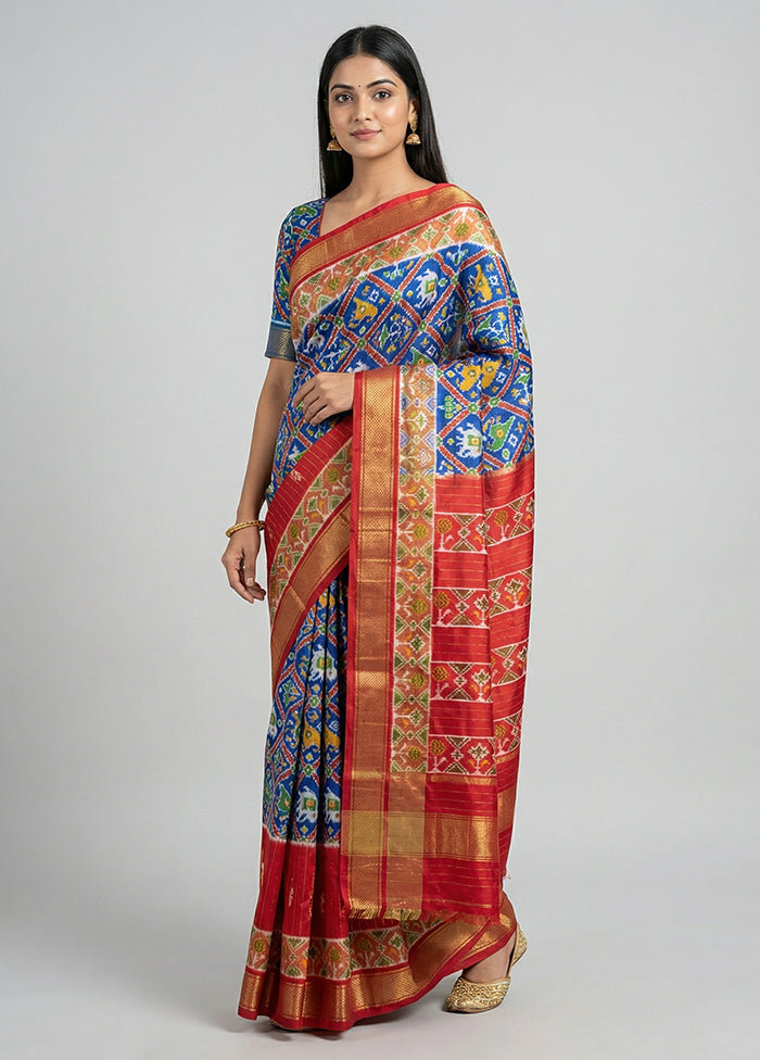 Blue Handloom Ikkat Pure Silk Saree With Blouse Piece